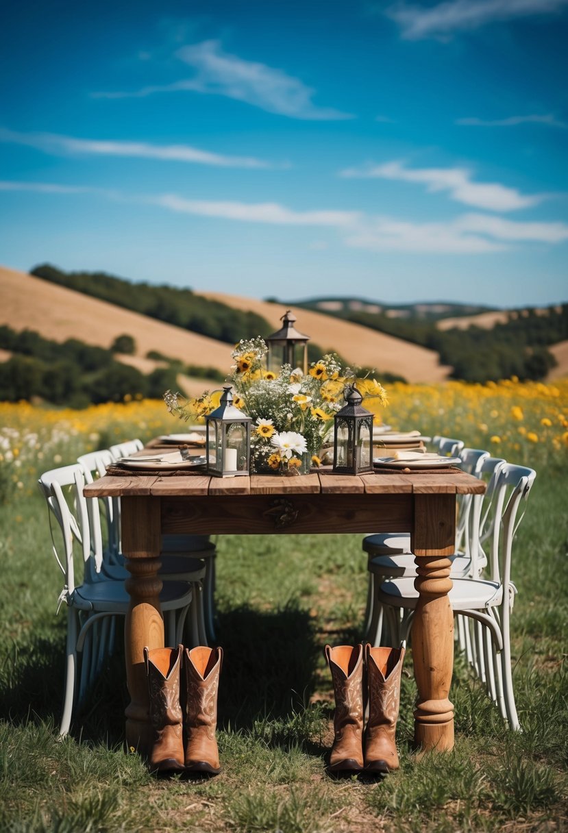 A rustic wooden table adorned with wildflowers, cowboy boots, and vintage lanterns, set against a backdrop of rolling hills and a big blue sky