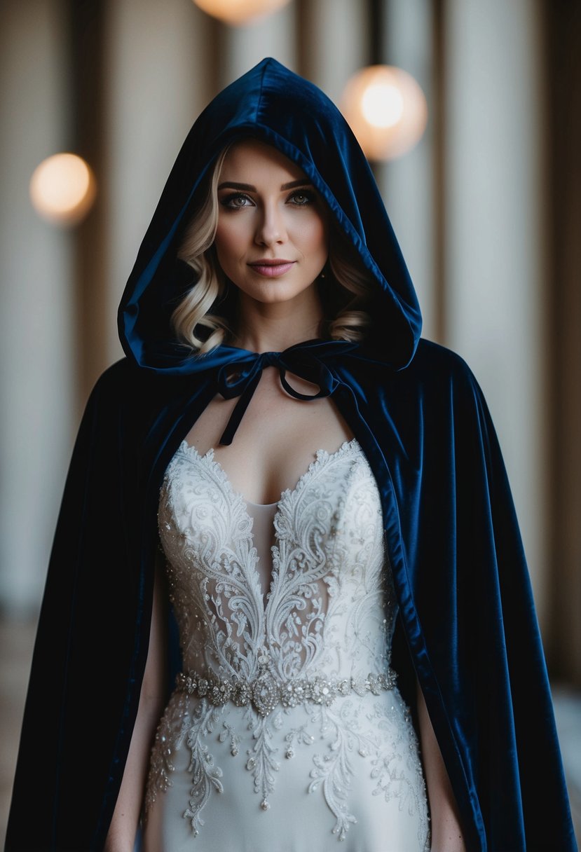 A hooded velvet cloak drapes over a wedding dress, creating an elegant and mysterious look