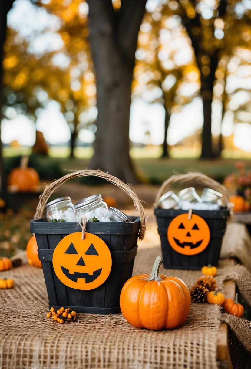 A rustic fall wedding scene with DIY trick-or-treat baskets incorporated into the decor