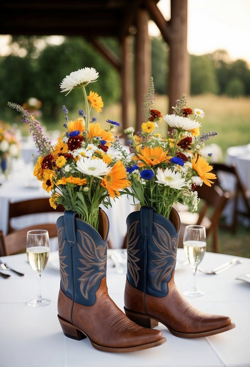 Cowboy boot vases filled with wildflowers arranged as western wedding centerpieces