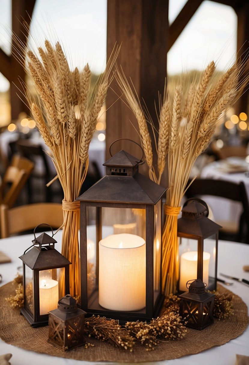 Rustic lanterns surrounded by dried wheat, creating a western-themed wedding centerpiece