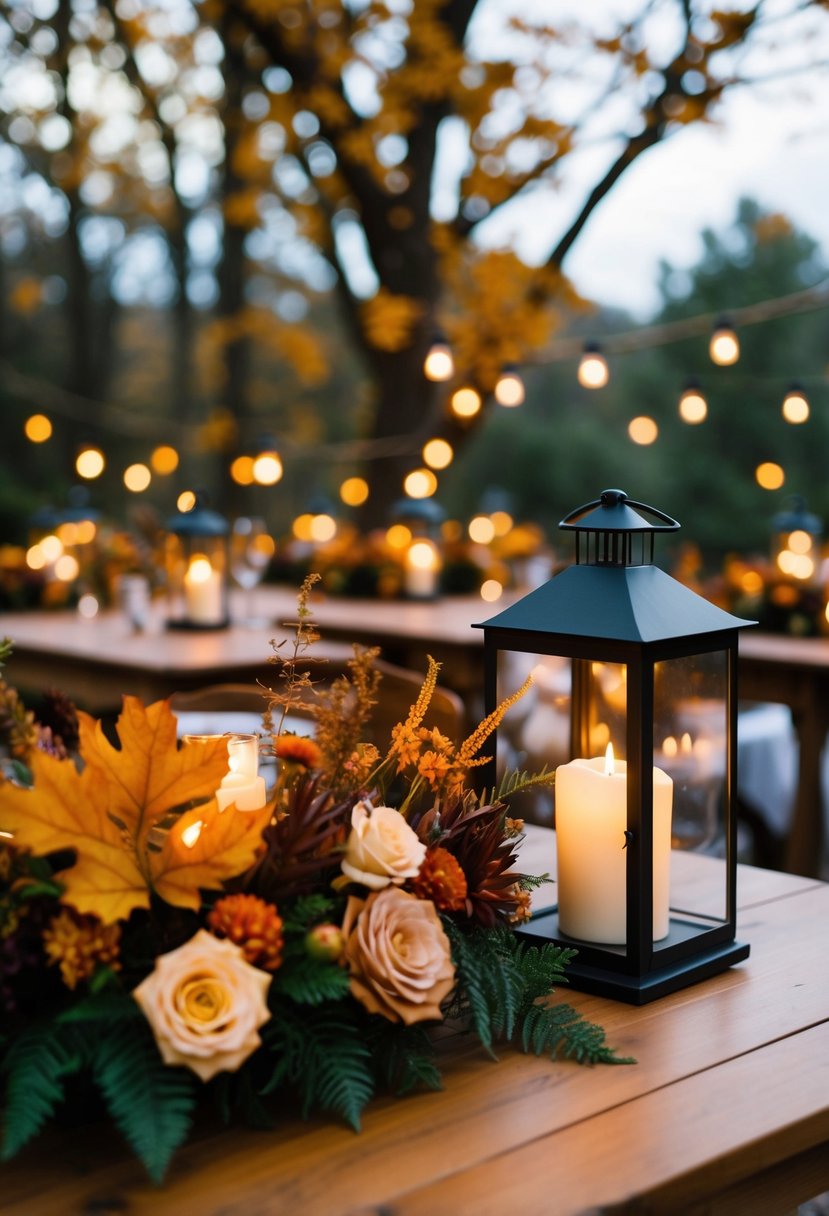 A cozy outdoor wedding setting with autumnal foliage, warm-toned flowers, and candlelit lanterns