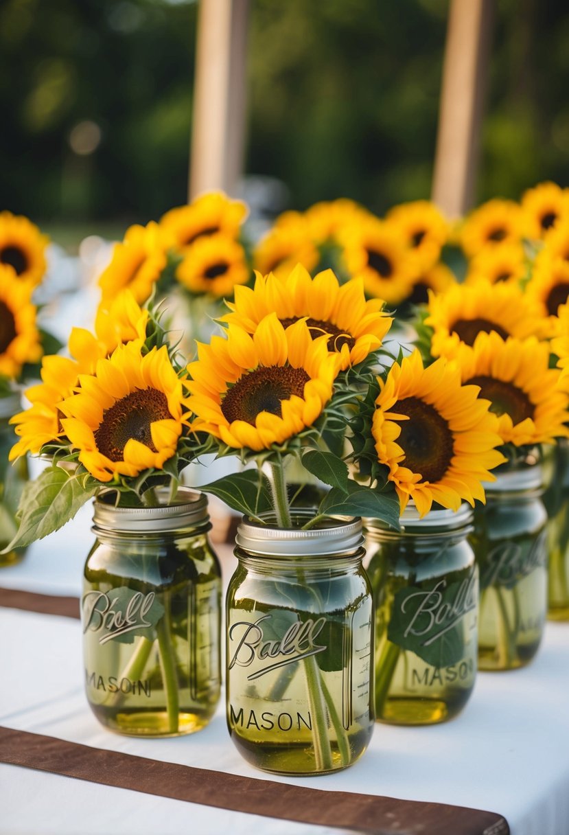 Mason jars filled with bright sunflowers arranged as western wedding centerpieces