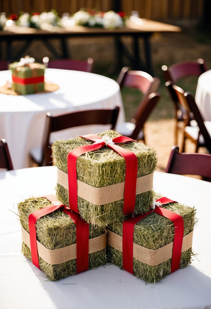 Mini hay bales wrapped in burlap ribbons arranged on tables for a western wedding centerpiece