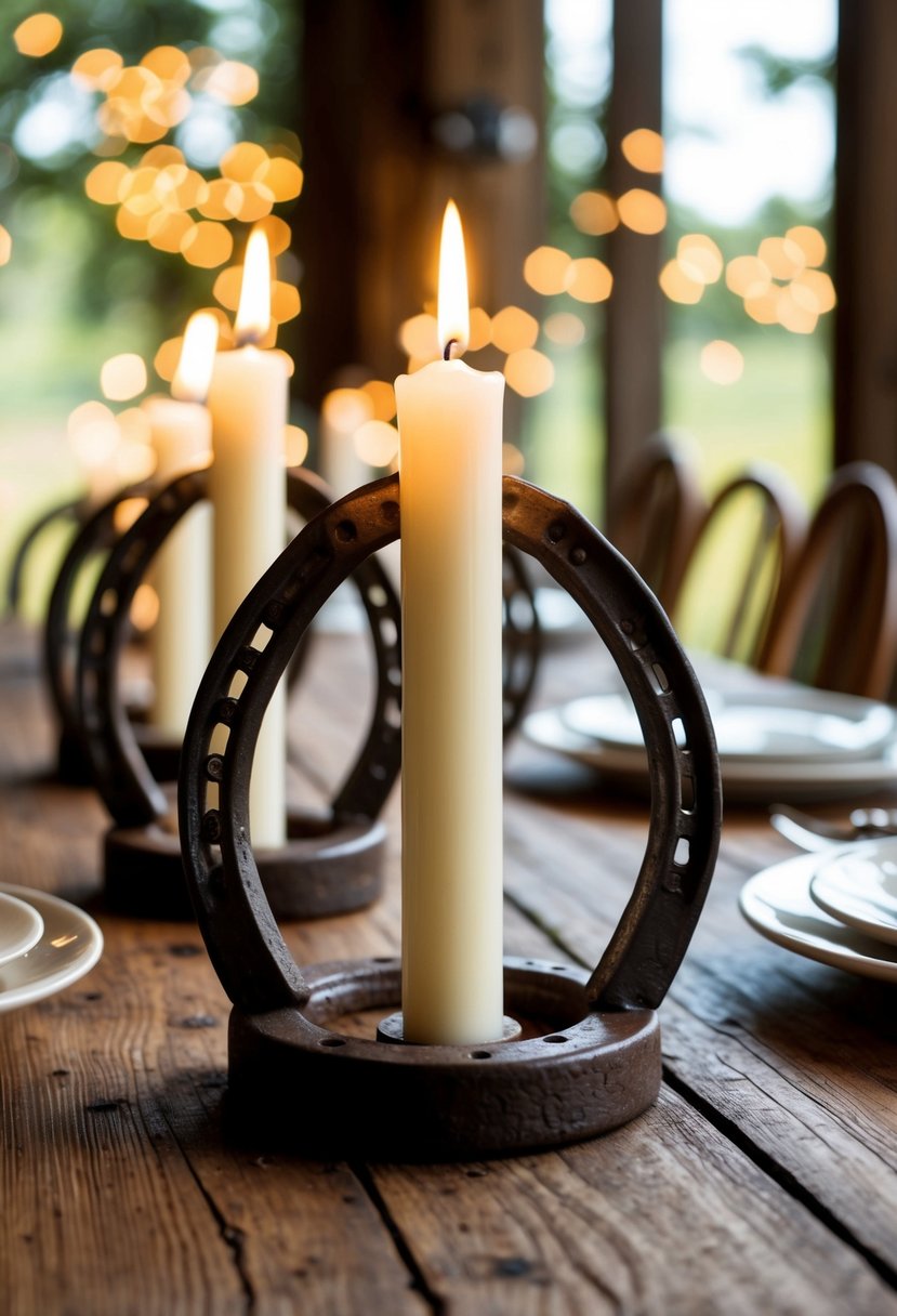 Repurposed horseshoes arranged as candle holders on a rustic wooden table centerpiece