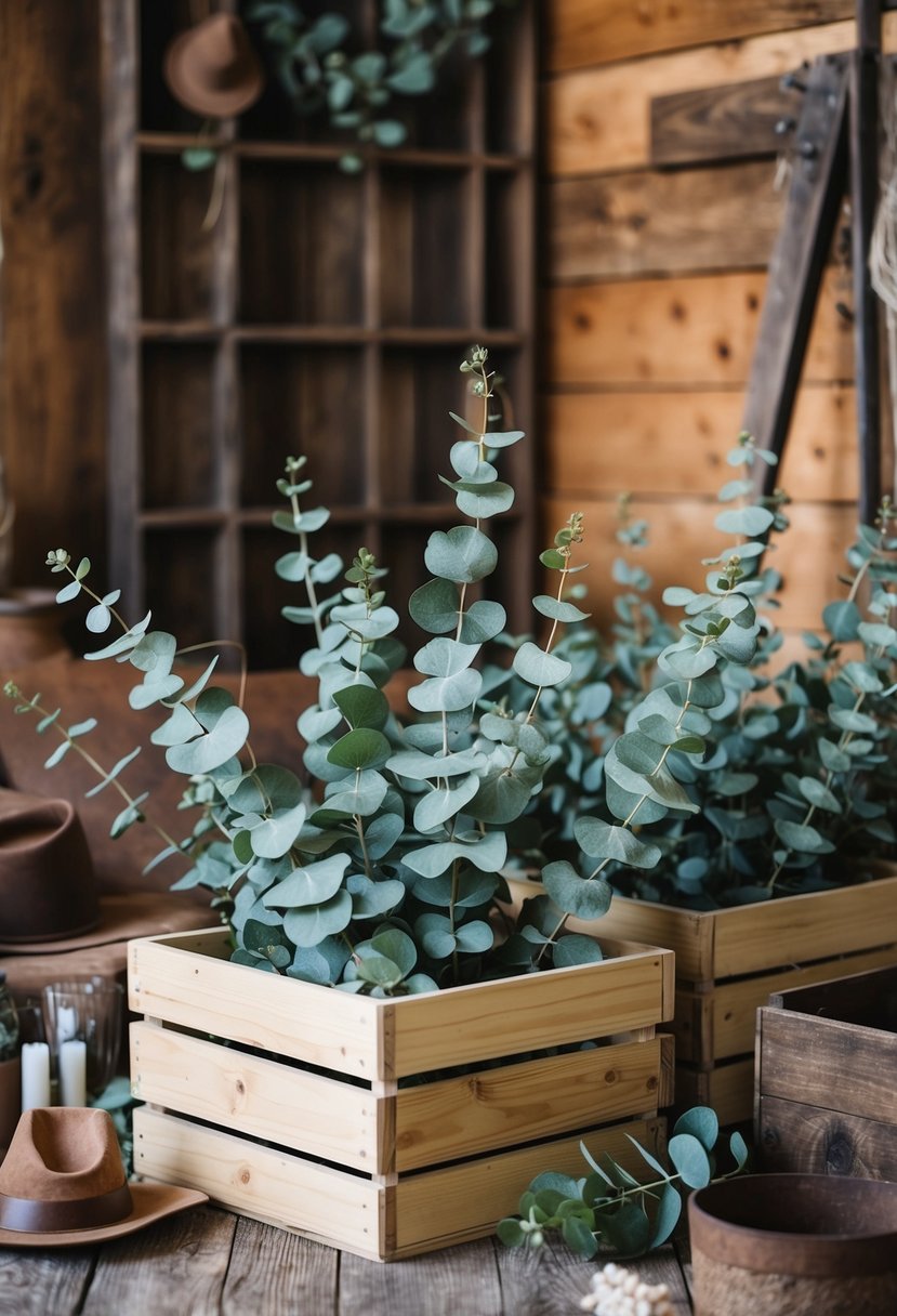 Wooden crates filled with eucalyptus branches, surrounded by rustic western decor