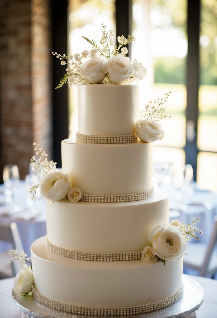 A three-tiered wedding cake adorned with shimmering pearls and delicate floral accents