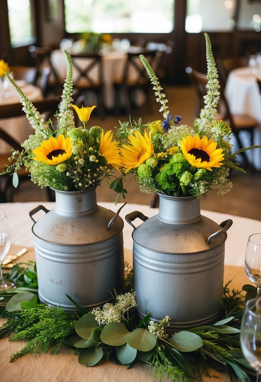 Two antique milk cans filled with fresh wildflowers and greenery, arranged as rustic centerpieces for a western wedding