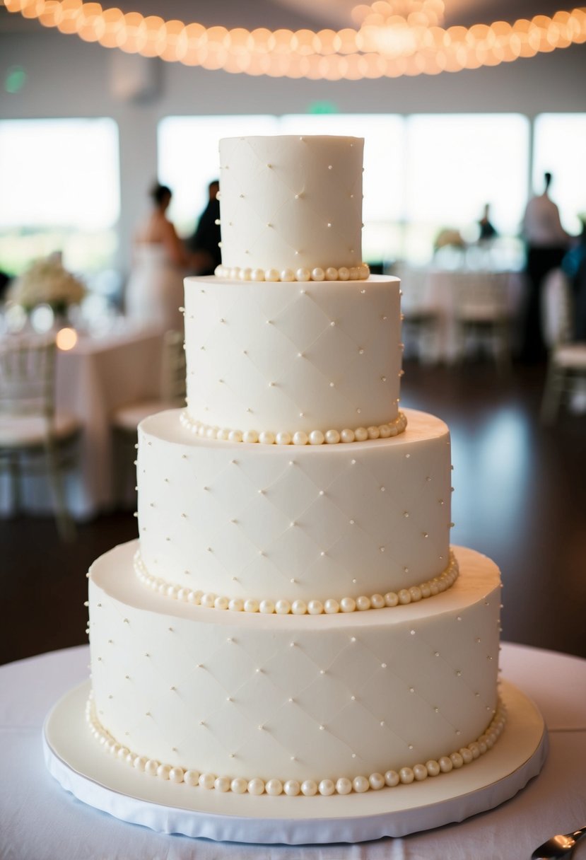 A three-tiered white wedding cake adorned with ivory pearls