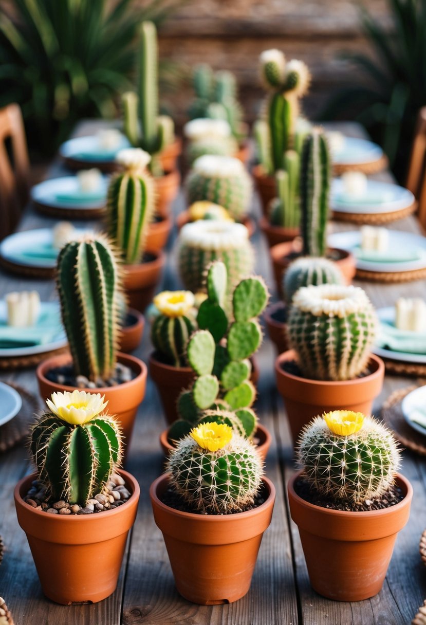 Various cactus arrangements in terra cotta pots arranged on a rustic wooden table, serving as unique and charming western wedding centerpieces