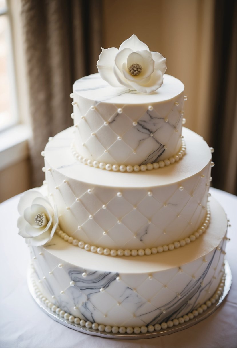 A marbled texture wedding cake adorned with pearls