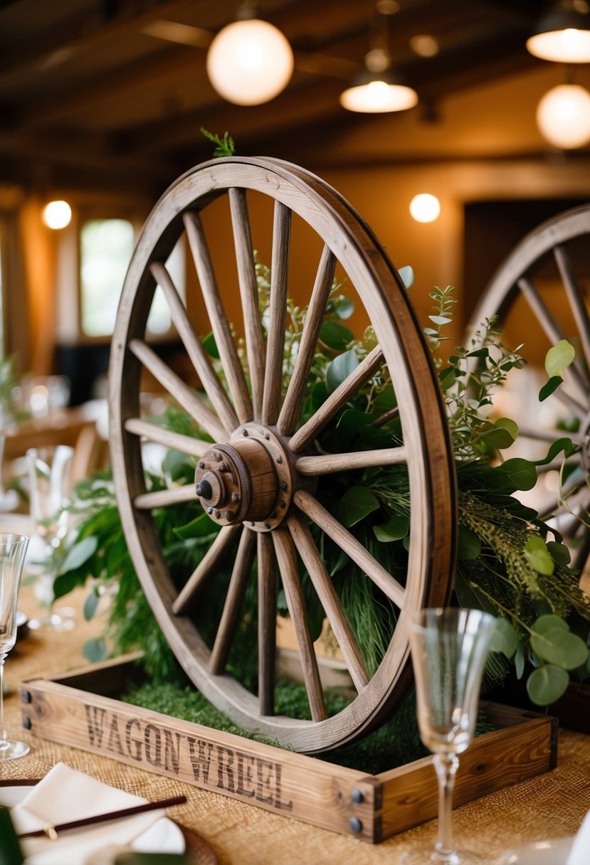 Rustic wagon wheels adorned with greenery, set as western wedding centerpieces