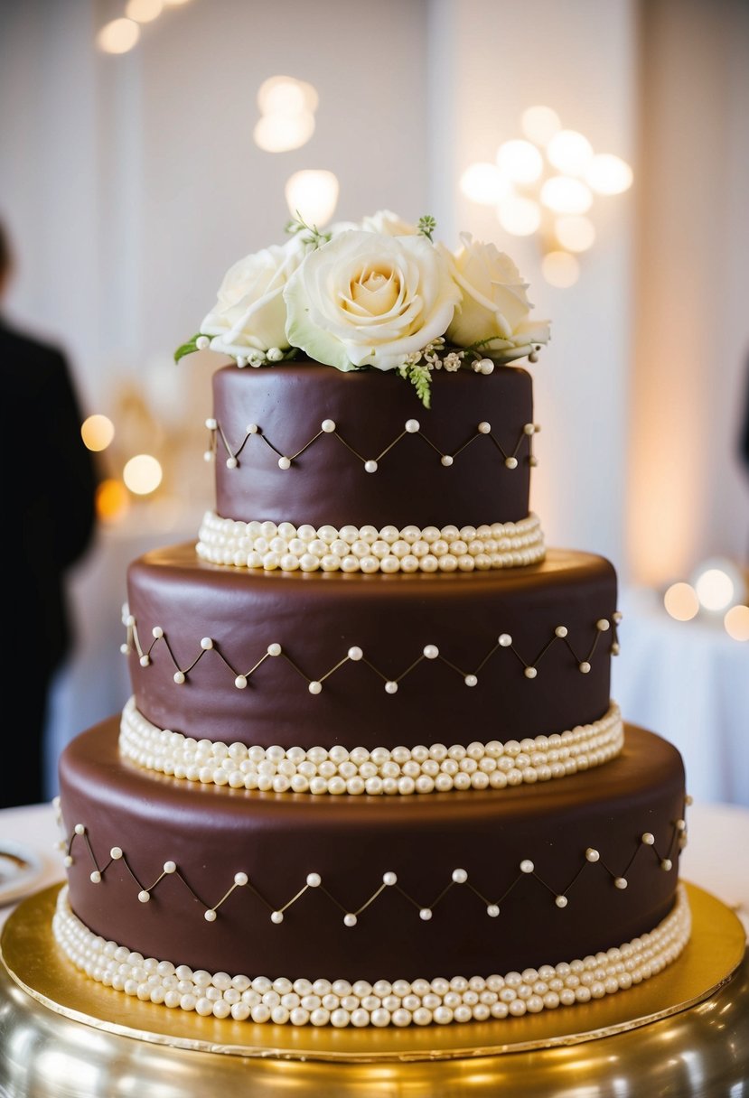 A decadent chocolate fudge cake adorned with delicate pearl detailing, perfect for a luxurious wedding celebration