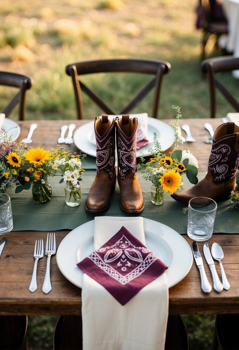 A rustic table setting with bandana napkin holders, wildflowers, and cowboy boots as centerpieces for a western-themed wedding