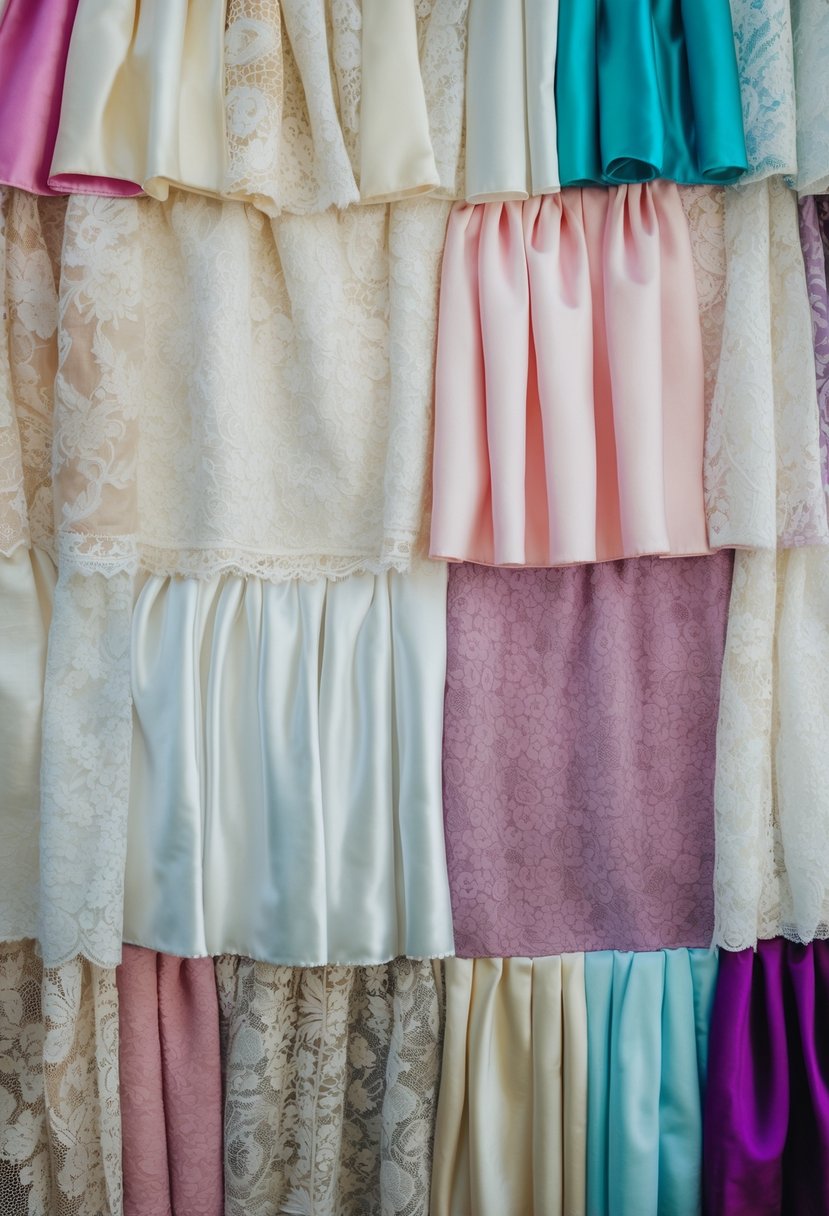 A patchwork quilt made from various wedding dress fabrics, featuring lace, satin, and tulle in a variety of colors and patterns