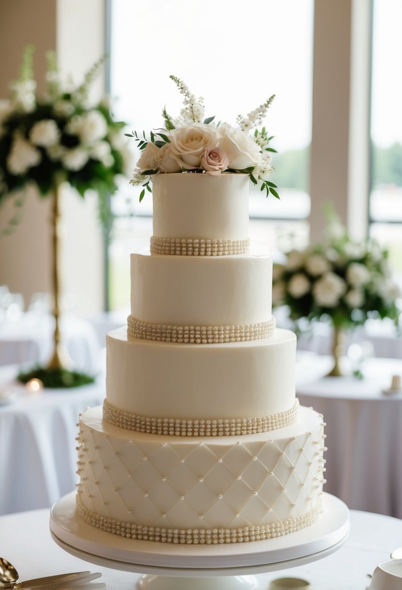 A three-tiered pearl wedding cake adorned with delicate floral toppers