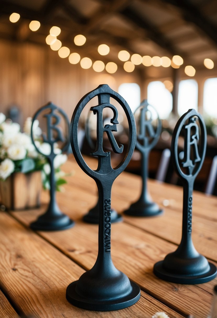 A rustic wooden table adorned with personalized branding iron sculptures, serving as unique and memorable centerpieces for a western-themed wedding