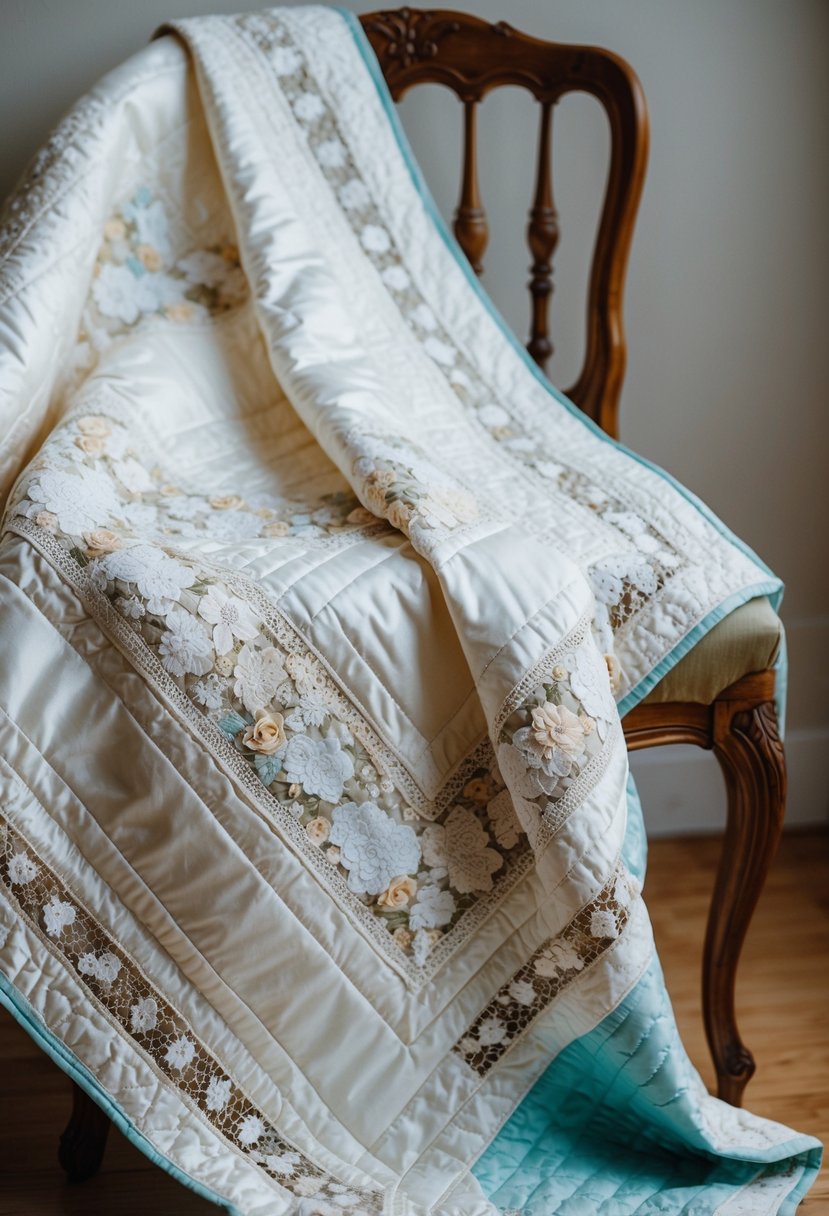 A quilt made of lace and satin, adorned with delicate floral patterns and intricate stitching, draped over a vintage wooden chair