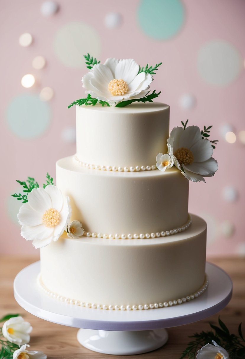 A two-tiered wedding cake adorned with edible pearls and fake flowers, set against a soft pastel backdrop