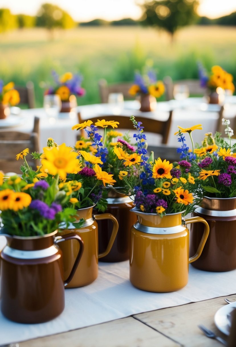 Enamel coffee pots filled with vibrant wildflowers, arranged as rustic centerpieces for a western-themed wedding