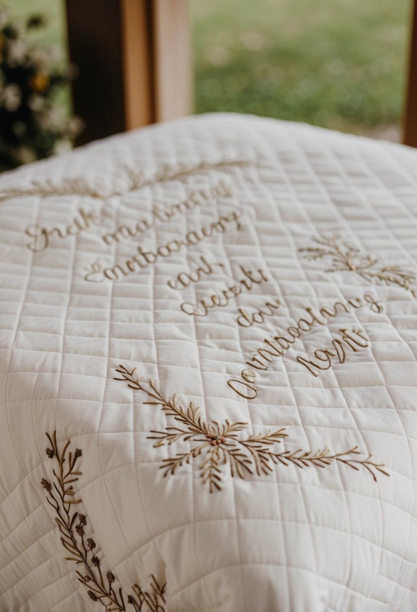 A wedding quilt adorned with personalized embroidery, featuring intricate designs and delicate stitching