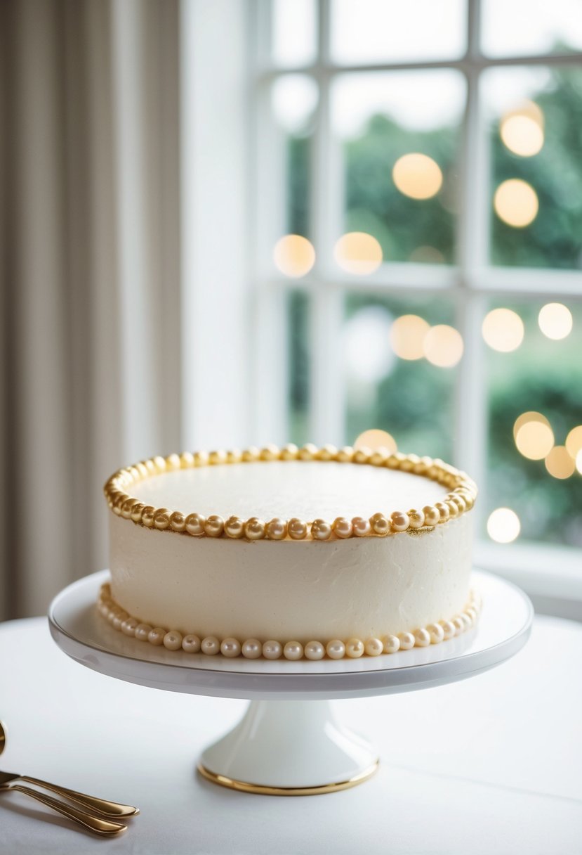 A simple pearl cake with gold trim sits on a white stand, adorned with delicate pearls and elegant gold accents