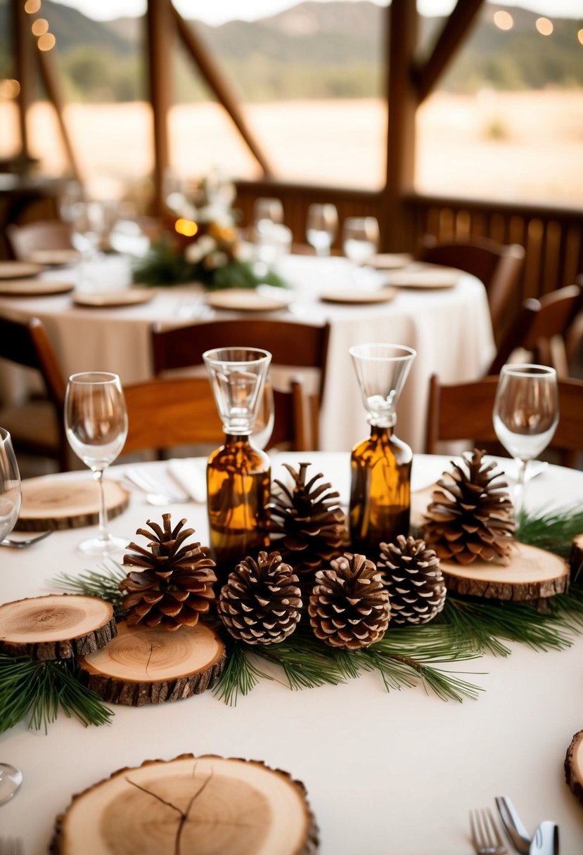 Wood slices and pine cones arranged in rustic centerpieces for a western wedding