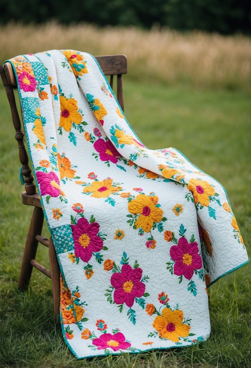 A wedding dress quilt, adorned with vibrant floral patterns and colorful accents, draped over a rustic wooden chair