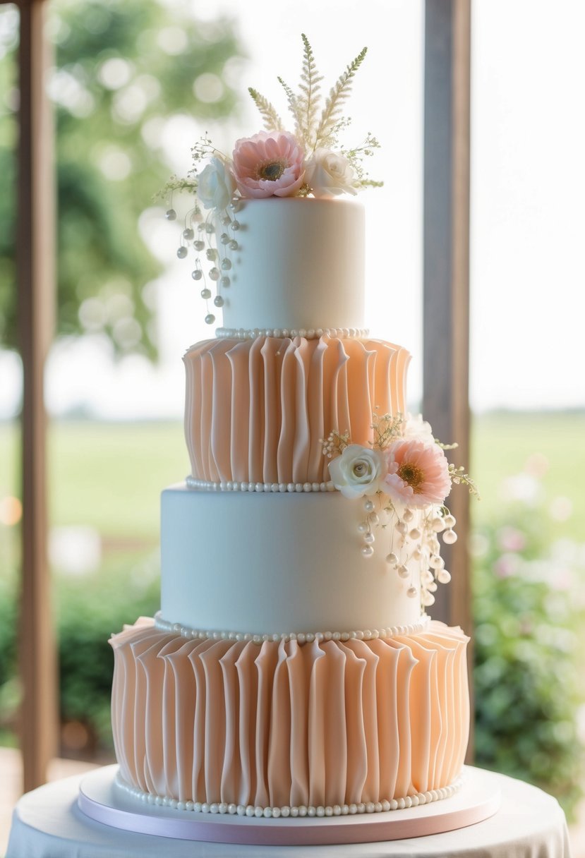 A three-tiered fondant ruffle cake adorned with cascading pearls and delicate floral accents