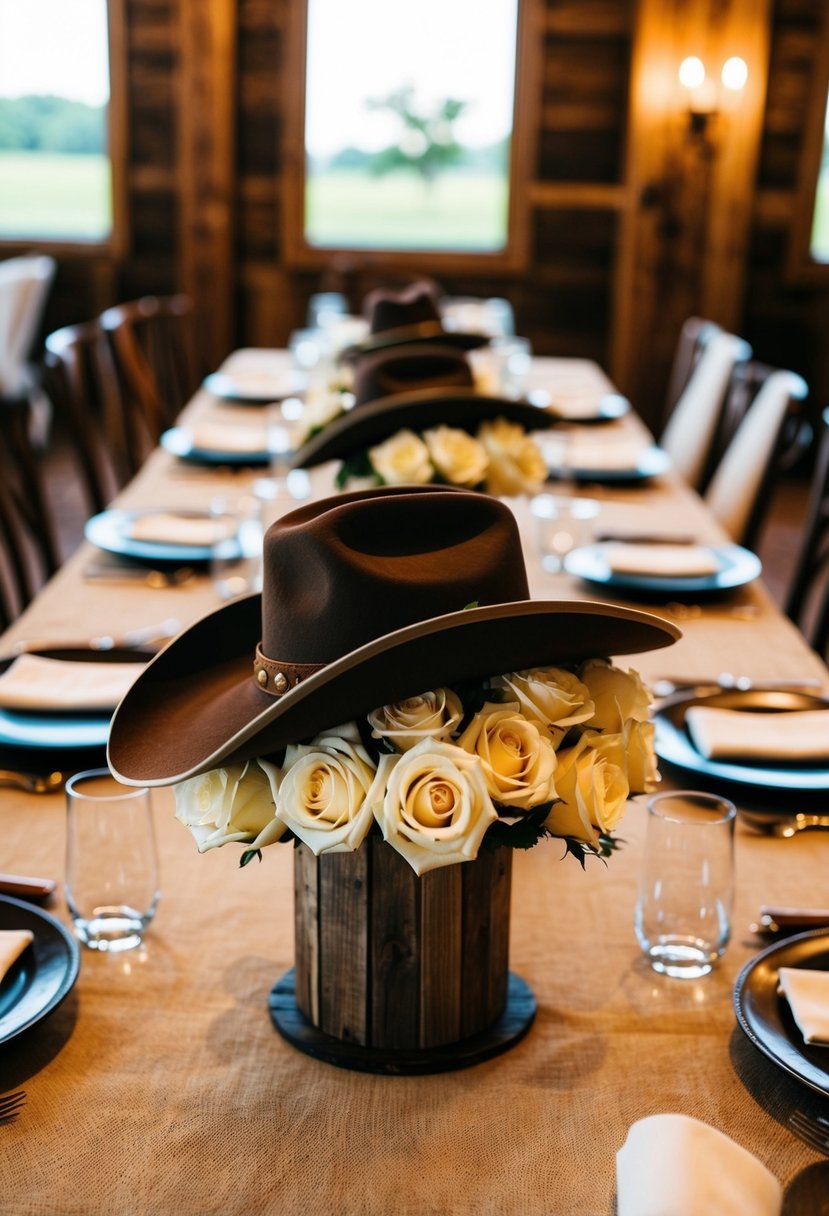 A rustic table setting with cowboy hat centerpieces filled with faux roses, creating a western wedding theme