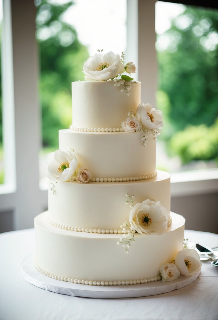 A three-tiered wedding cake adorned with delicate floral and pearl embellishments