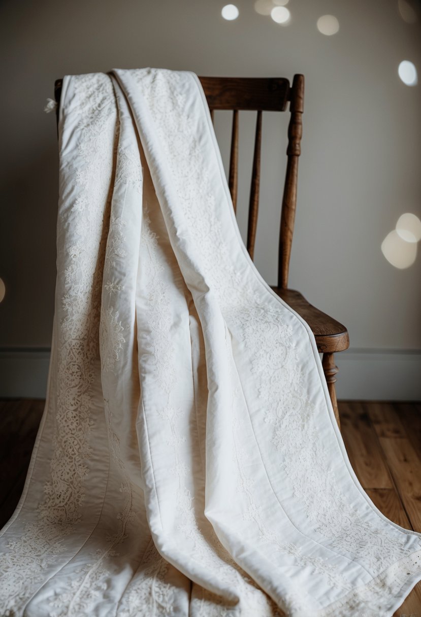 A quilt made from the wedding dress and bridesmaid dresses, with intricate lace patterns and delicate embroidery, draped over a rustic wooden chair