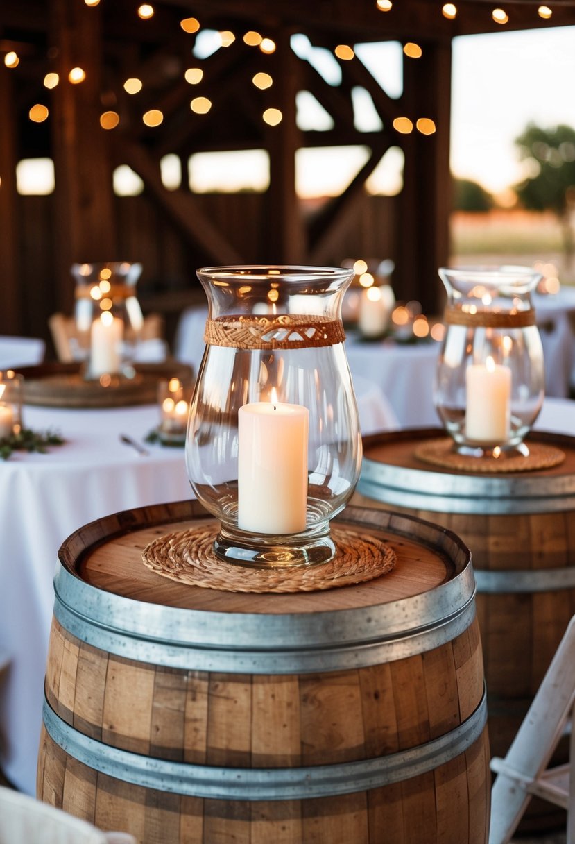 Rustic barrel tops adorned with glass hurricanes create western wedding centerpieces