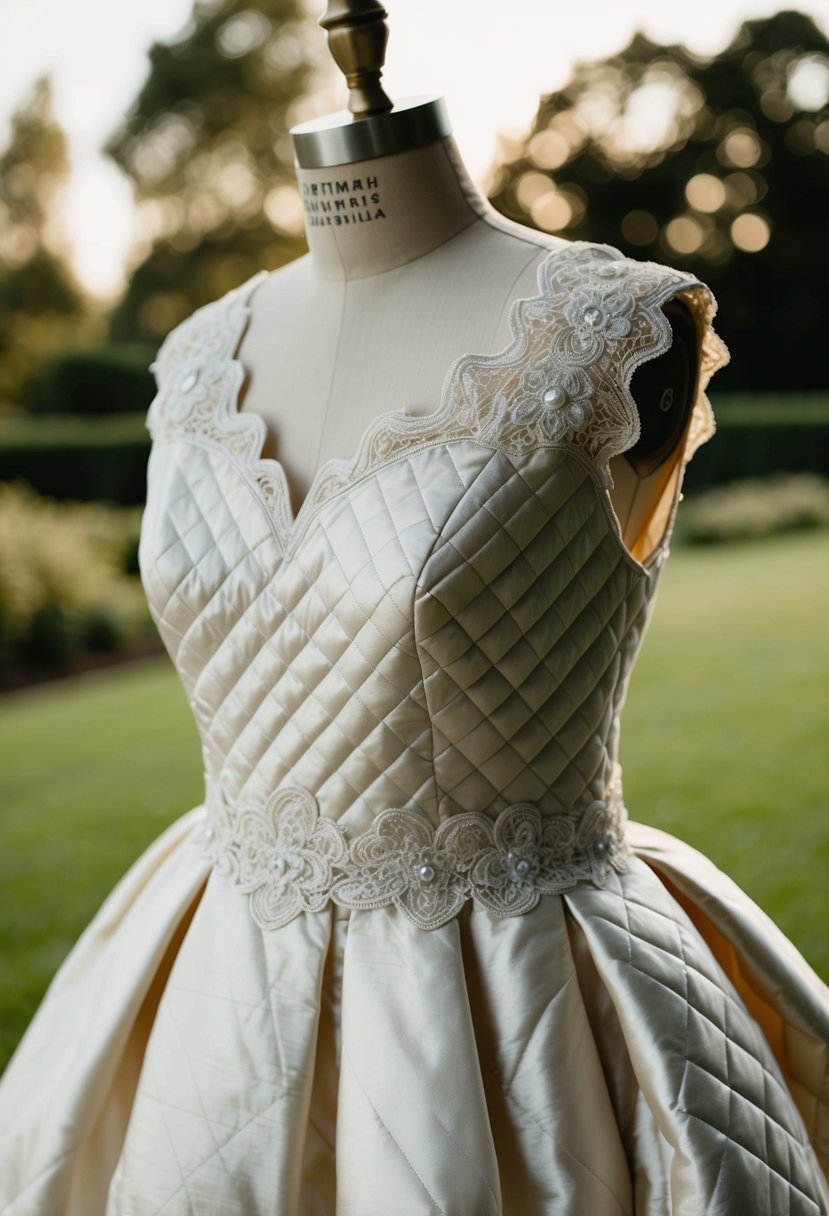 A quilted wedding dress made of silk and velvet, with intricate stitching and delicate lace details