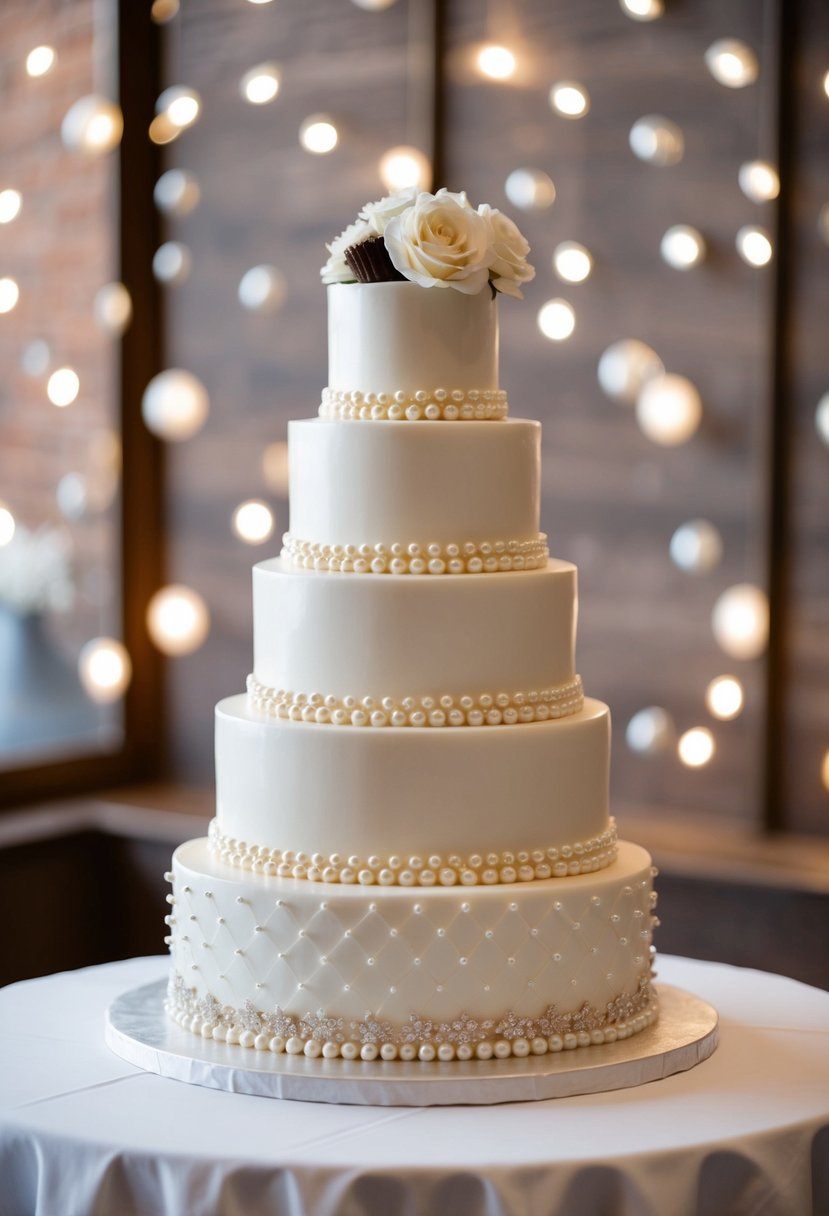 A three-tiered bridal shower cake adorned with chocolate pearls and shimmering pearl luster