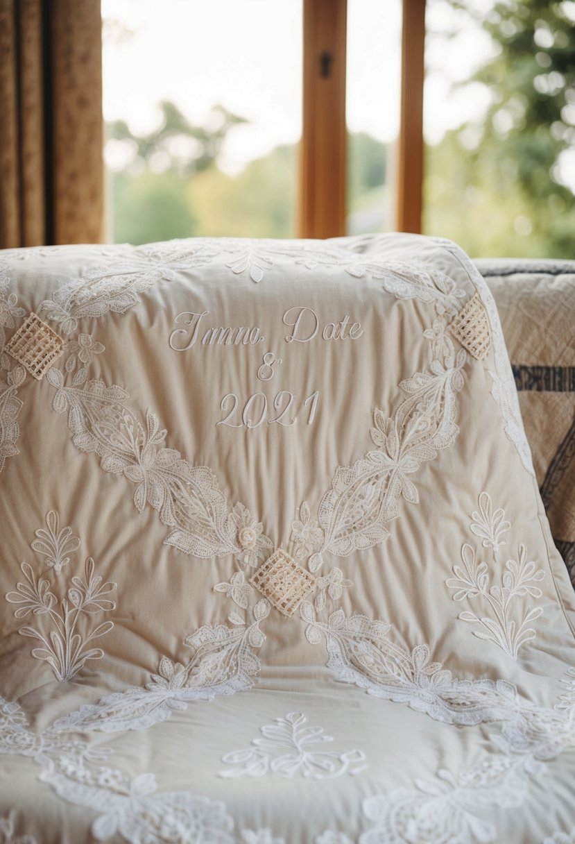 A cozy wedding dress quilt with intricate lace patterns and delicate embroidery, featuring the couple's wedding date subtly stitched into the fabric