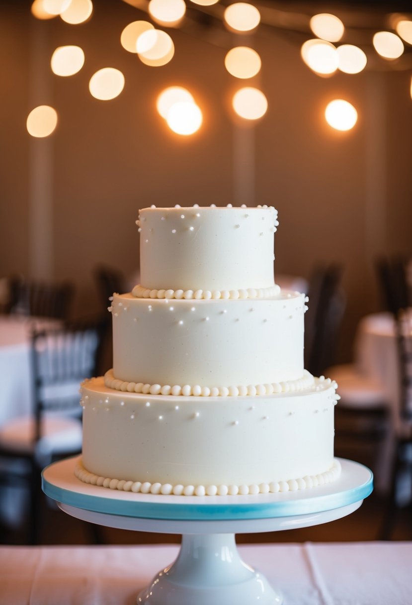 A tiered buttercream cake adorned with delicate sugar pearls