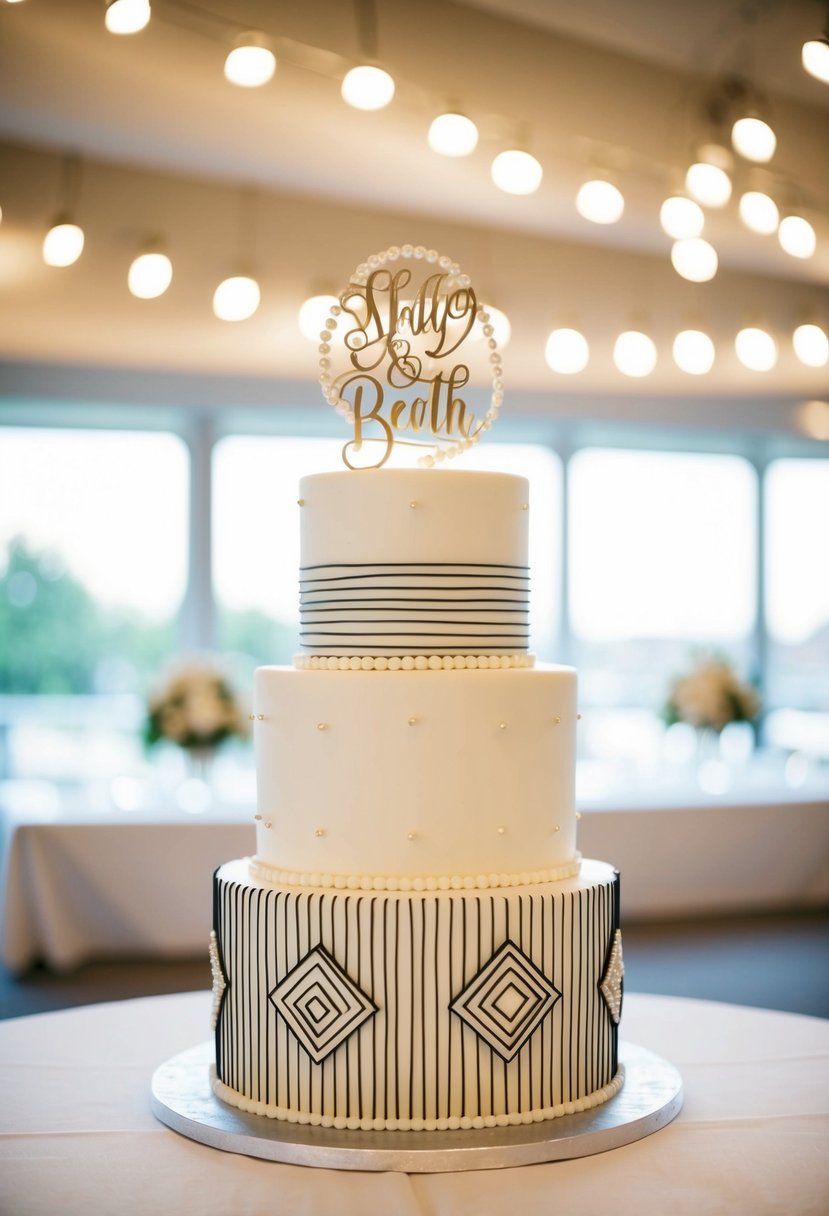 A three-tiered wedding cake with geometric patterns and pearl accents