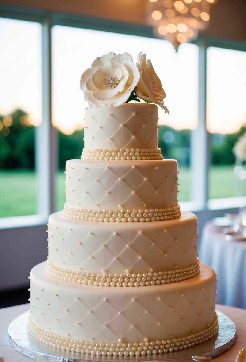 A three-tiered wedding cake adorned with large decorative pearls