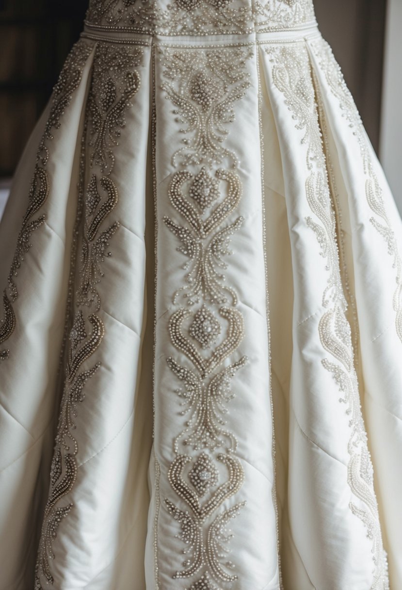 A wedding dress quilt made of satin, lace, and tulle, with intricate beading and embroidery for a unique touch