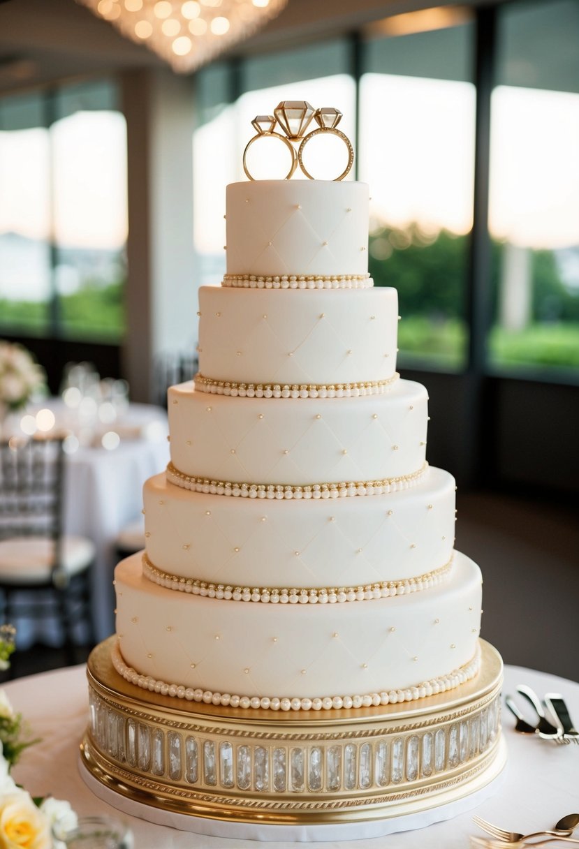 A three-tiered engagement cake adorned with gold rings and pearl details, elegant and luxurious