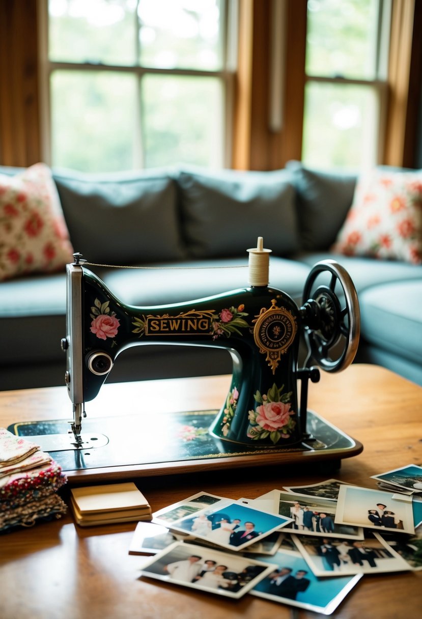 A cozy living room with a vintage sewing machine, fabric swatches, and old wedding photos scattered on a table