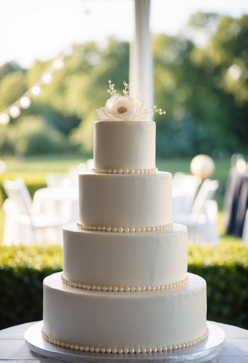 A three-tiered wedding cake with a pearl border and satin ribbon, adorned with delicate pearls