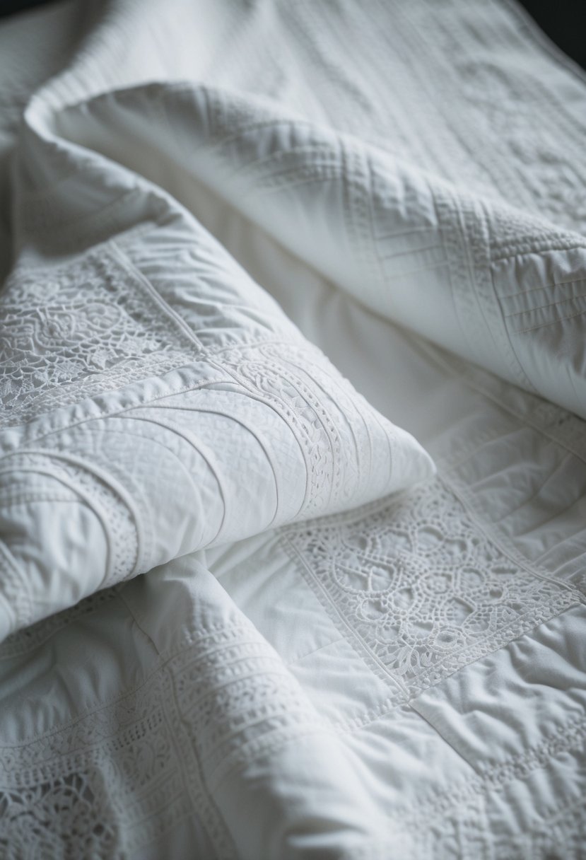 A monochromatic quilt with varying shades of white, featuring intricate lace patterns and delicate fabric folds