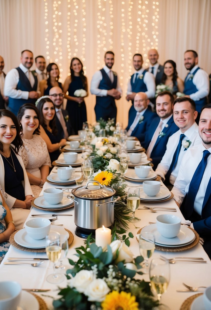 A table set with kitchen appliances, bedding, and home decor items, surrounded by happy guests at a wedding reception