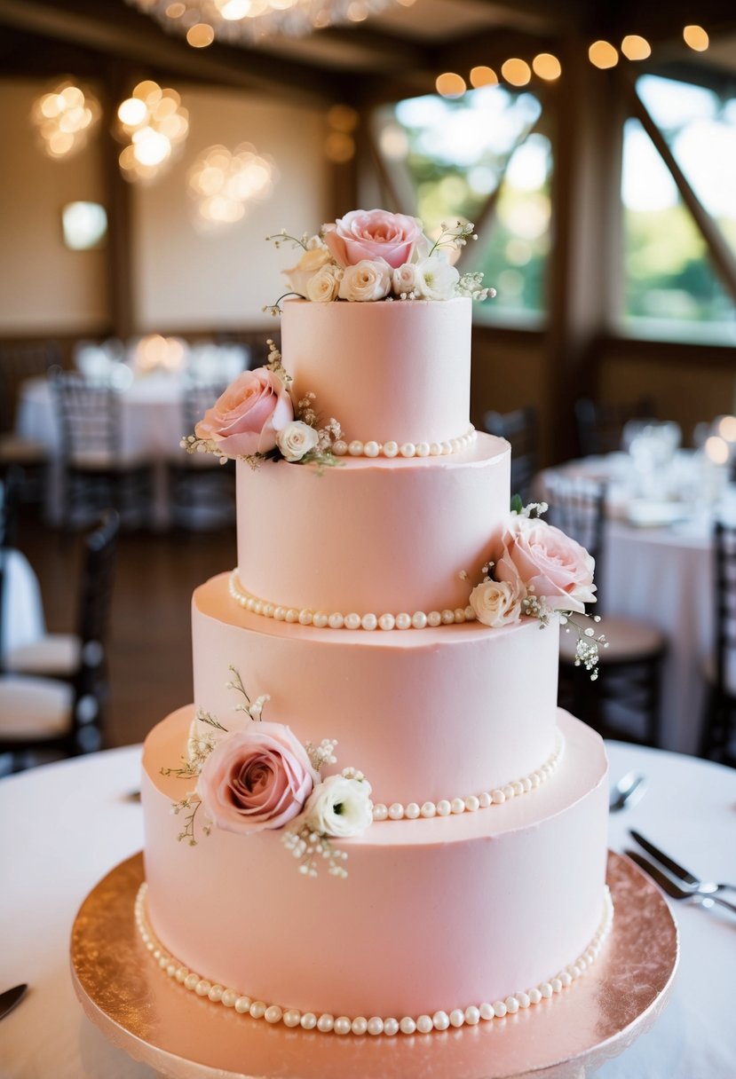 A three-tiered blush wedding cake adorned with pearls and delicate floral decor