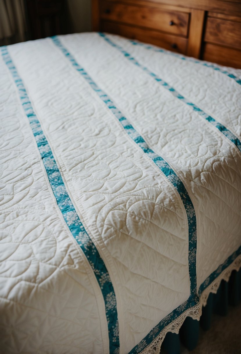 A wedding dress quilt with lace trim border