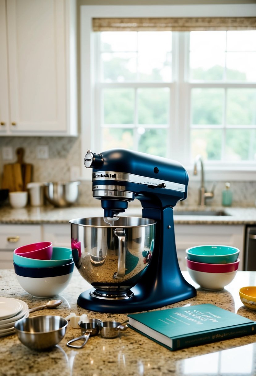 A KitchenAid Stand Mixer surrounded by wedding registry items such as mixing bowls, measuring cups, and recipe books on a kitchen countertop