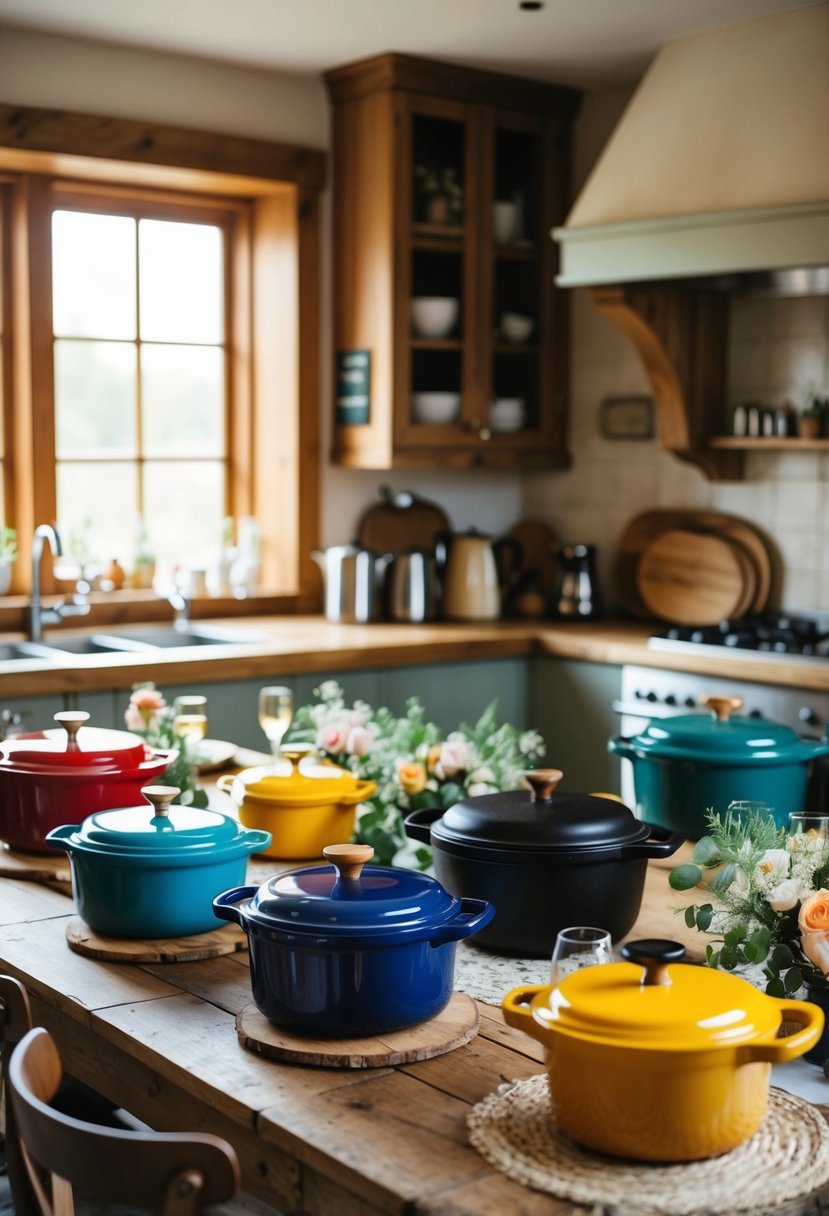 A cozy kitchen with a rustic wooden table set for a wedding, featuring a collection of Dutch ovens in various sizes and colors