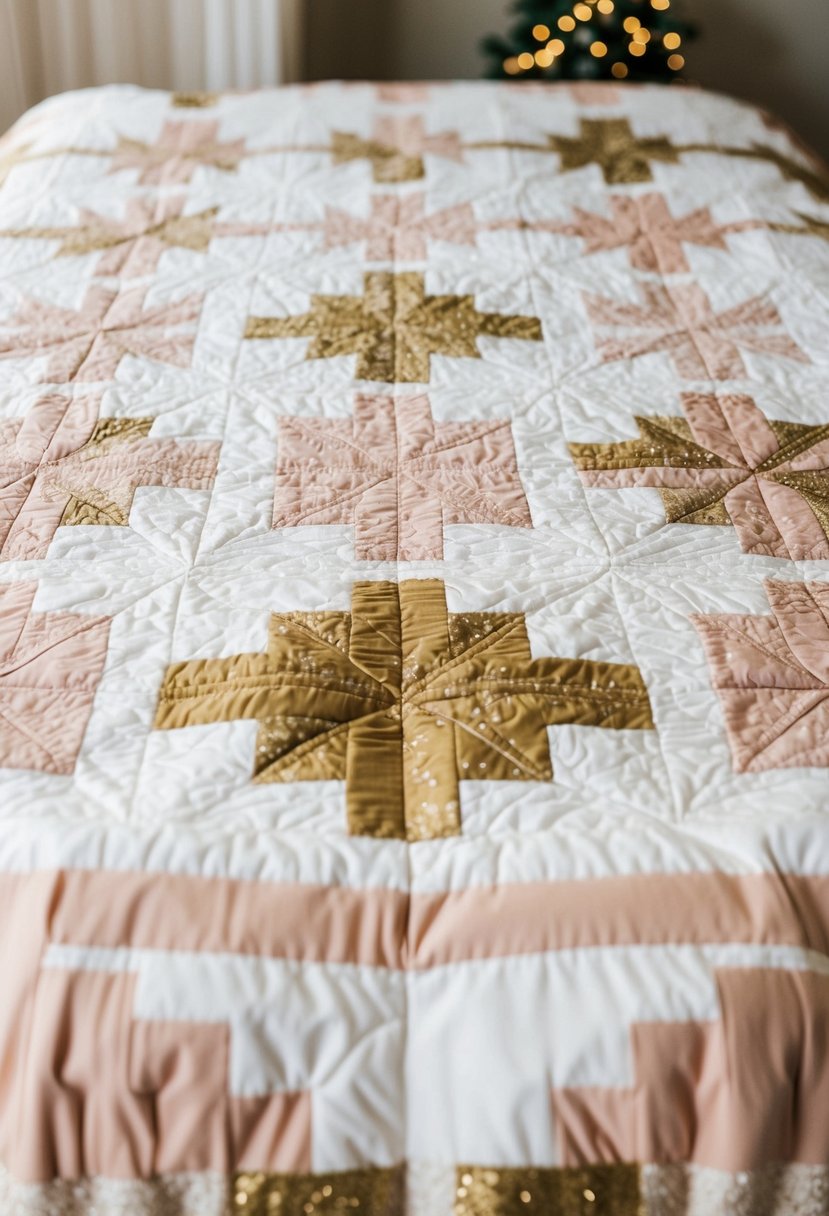 A quilt featuring intricate patterns of white, blush, and gold fabric, reflecting the colors of the wedding theme